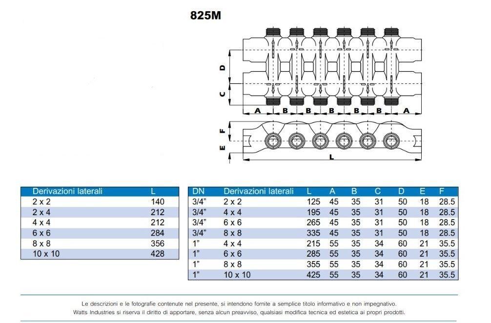 Watts Collettore Modul complanare Tipo 825M in ottone CW617N codice 825M34DD44 DN 3/4" FF Derivazioni 4+4