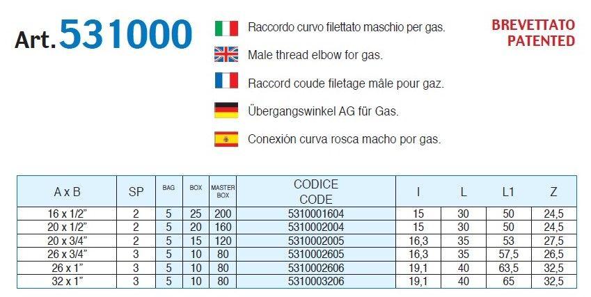 Rubinetterie Bresciane Turbo Press Gas Raccordo Curvo Filettato Maschio per Gas codice 5310002004 misura 20x1/2" fornito in blister da 5 pezzi