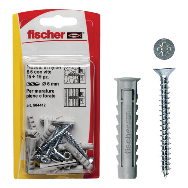 Fischer tasselli in nylon con vite tipo xs 6 - kit 4 confezioni 15 pz (15+15) - art. 504417