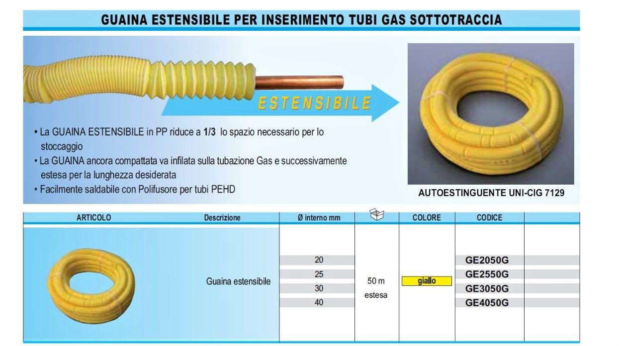 La Ventilazione Guaina estensibile Autoestinguente UNI-CIG 7129 Giallo diametro interno 40 mm Estensione 50 ML per Tubi gas sottotraccia codice GE4050G