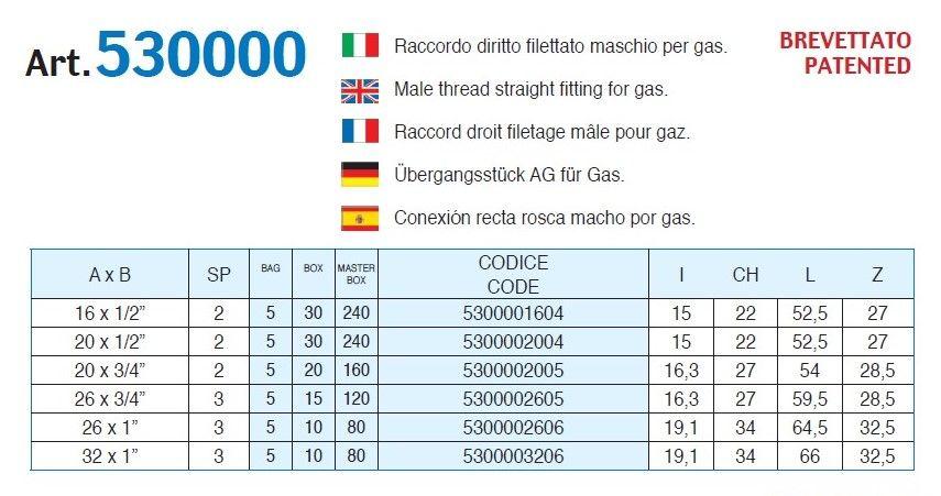Rubinetterie Bresciane Turbo Press Gas Raccordo Diritto Filettato Maschio per Gas codice 5300002005 misura 20x3/4" fornito in blister da 5 pezzi
