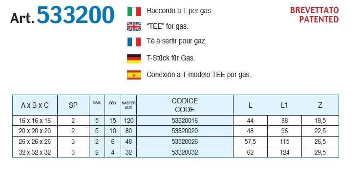 Rubinetterie Bresciane Turbo Press Gas Raccordo a T per Gas codice 53320020 misura 20x20x20 fornito in blister da 5 pezzi