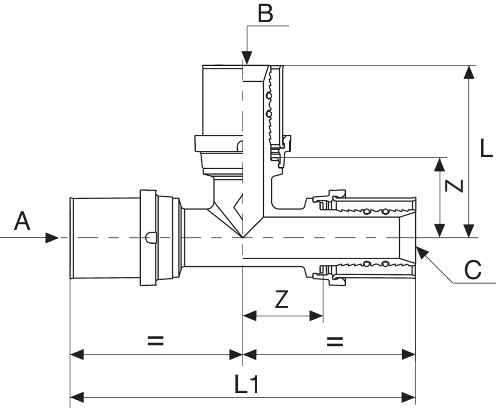 Rubinetterie Bresciane Turbo Press Gas Raccordo a T per Gas codice 53320020 misura 20x20x20 fornito in blister da 5 pezzi